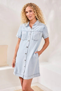 BLUE THREAD BUTTON TENCEL SHIFT DRESS-TRIBAL
