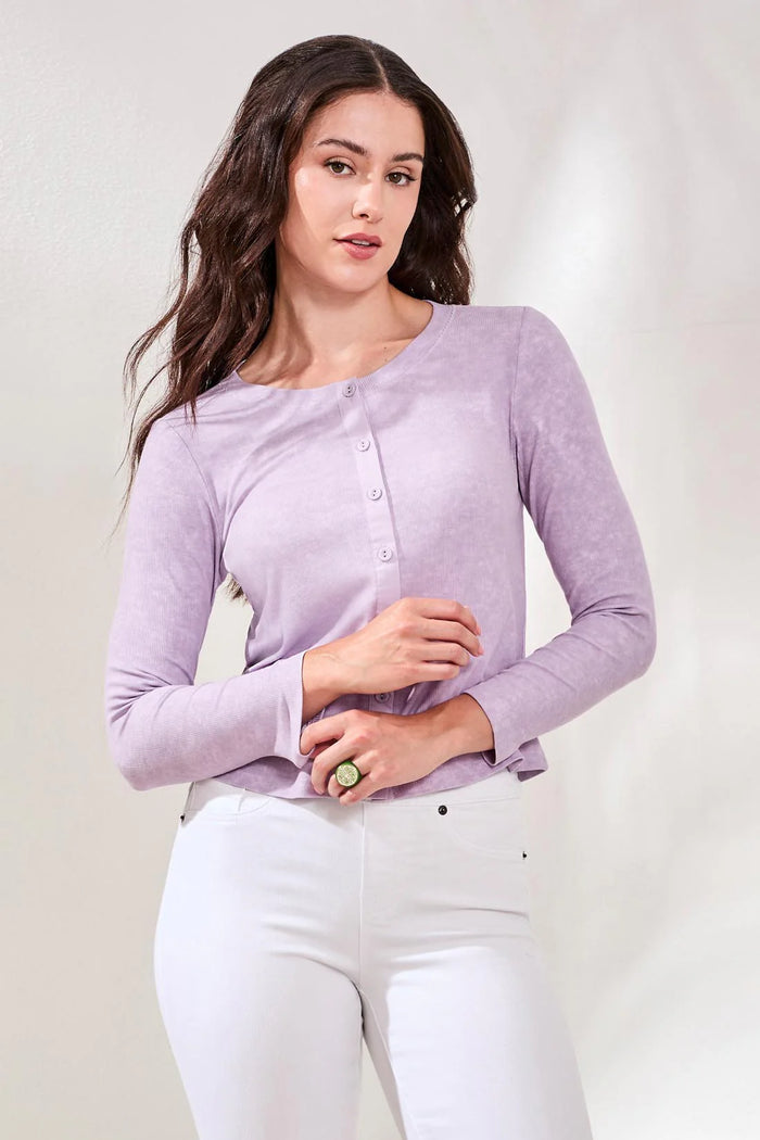 BUTTON FRONT KNIT TOP/ CARDI-LAVENDER-TRIBAL