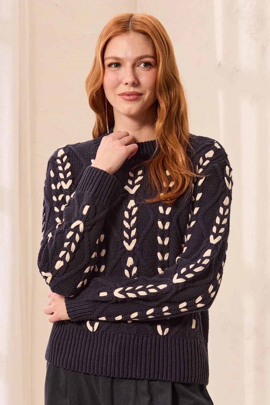 CONTRAST LACE-UP CABLE SWEATER-SAPPHIRE-TRIBAL