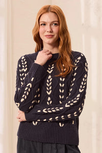 CONTRAST LACE-UP CABLE SWEATER-SAPPHIRE-TRIBAL