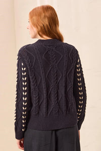 CONTRAST LACE-UP CABLE SWEATER-SAPPHIRE-TRIBAL