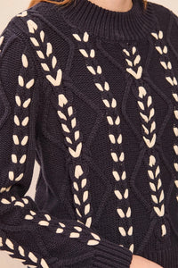 CONTRAST LACE-UP CABLE SWEATER-SAPPHIRE-TRIBAL