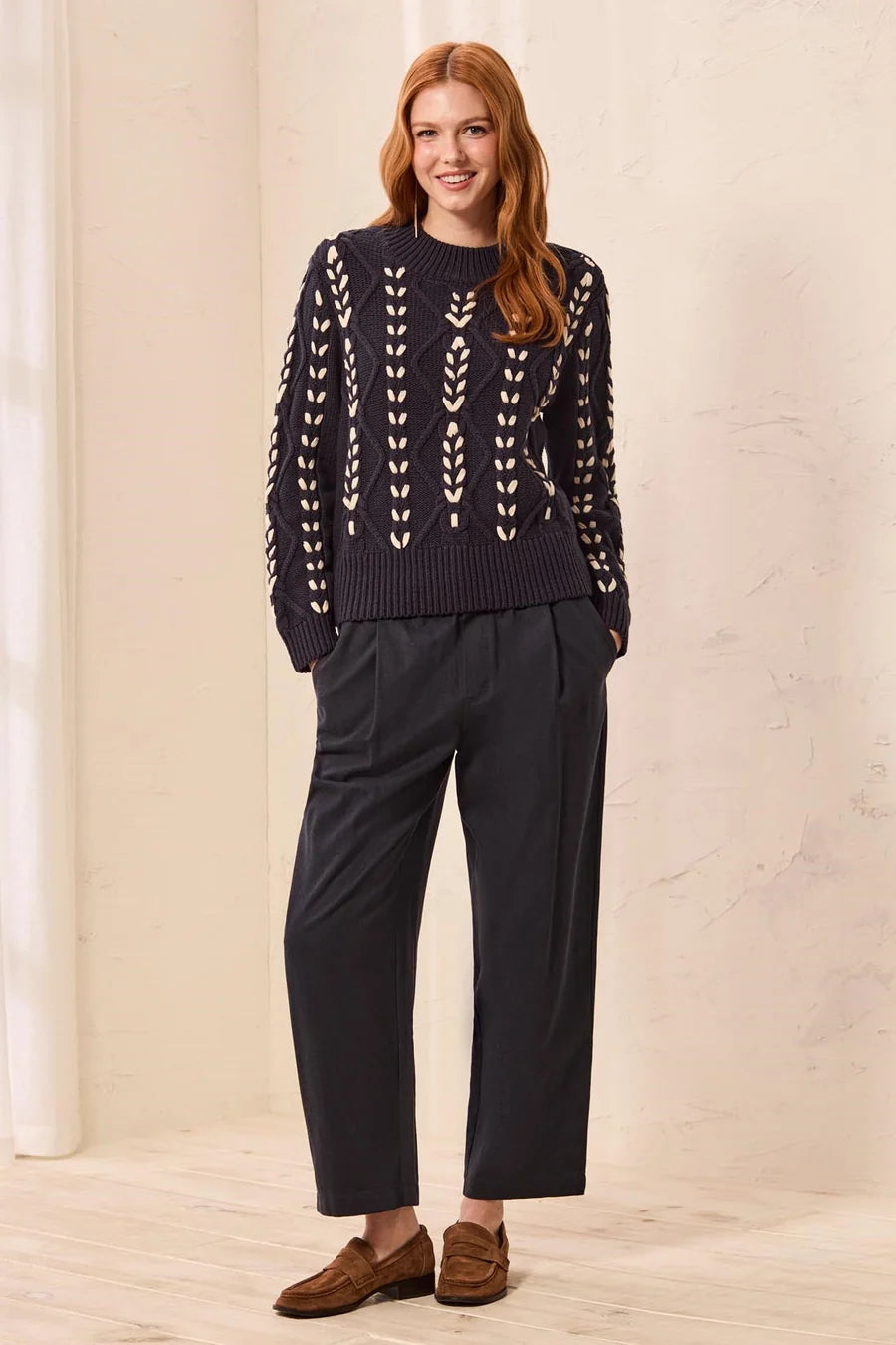 CONTRAST LACE-UP CABLE SWEATER-SAPPHIRE-TRIBAL