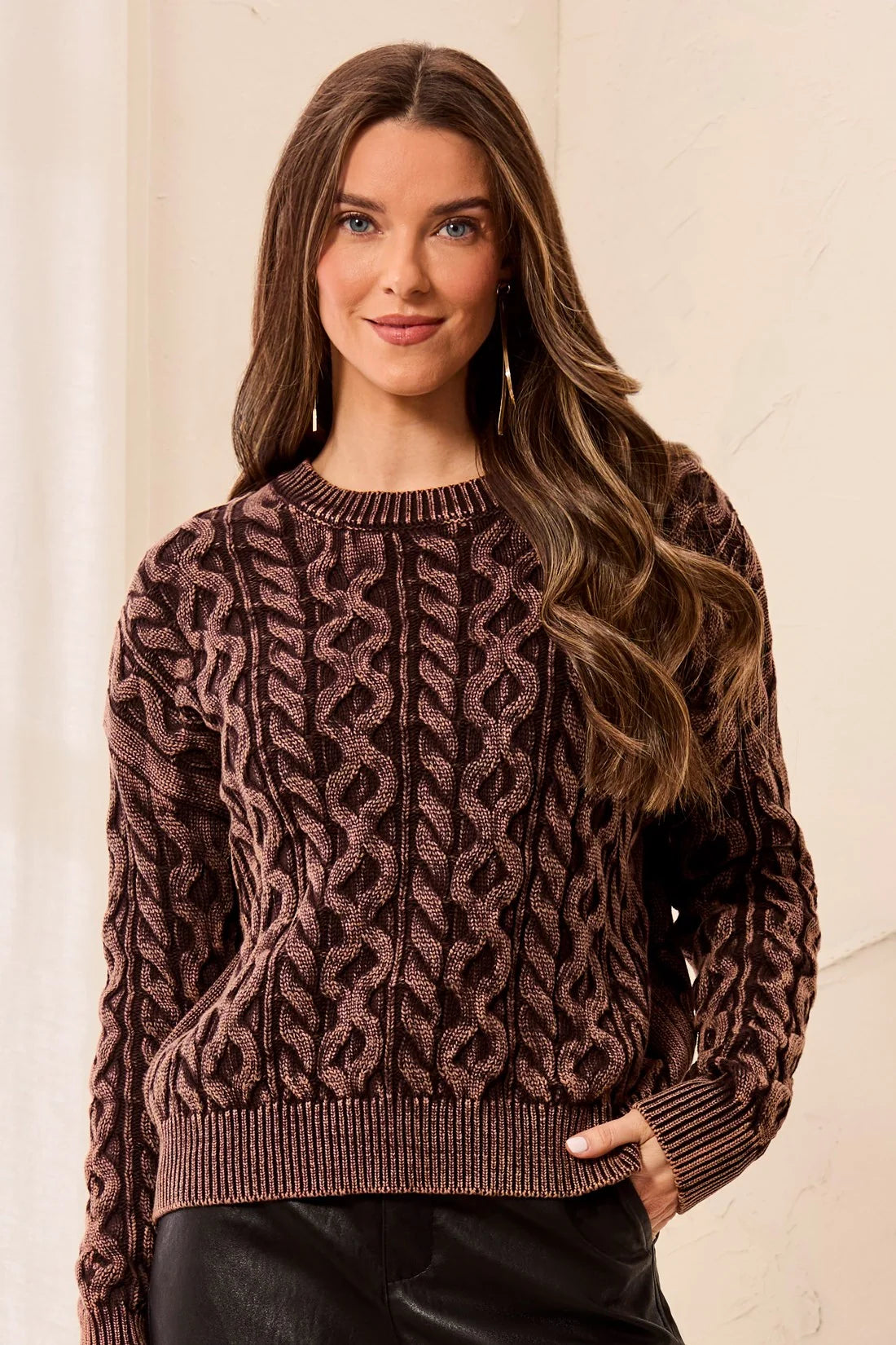 CABLE KNIT SWEATER-SADDLEBROWN-TRIBAL