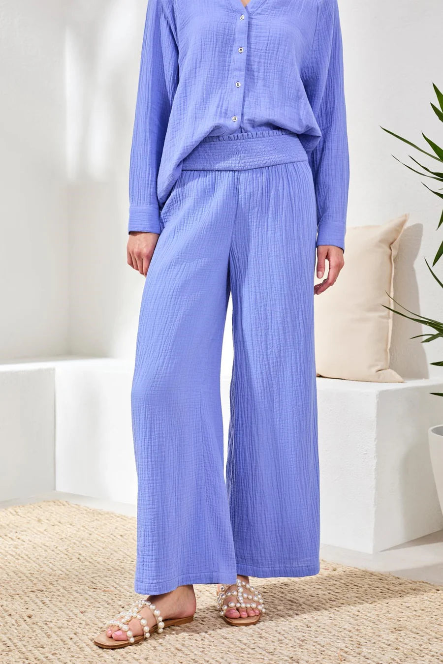 CRINKLE GAUZE ELASTIC WAIST FLOWY PANT-BAJA BLUE-TRIBAL