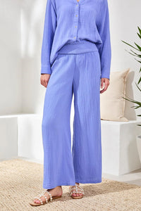CRINKLE GAUZE ELASTIC WAIST FLOWY PANT-BAJA BLUE-TRIBAL