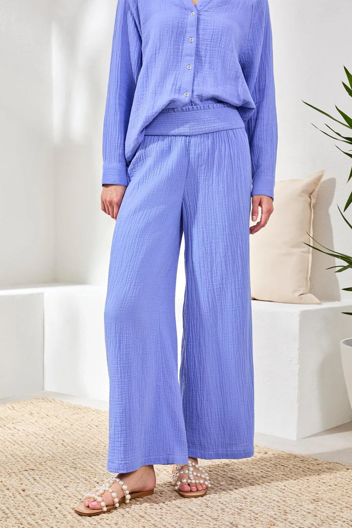 CRINKLE GAUZE ELASTIC WAIST FLOWY PANT-BAJA BLUE-TRIBAL