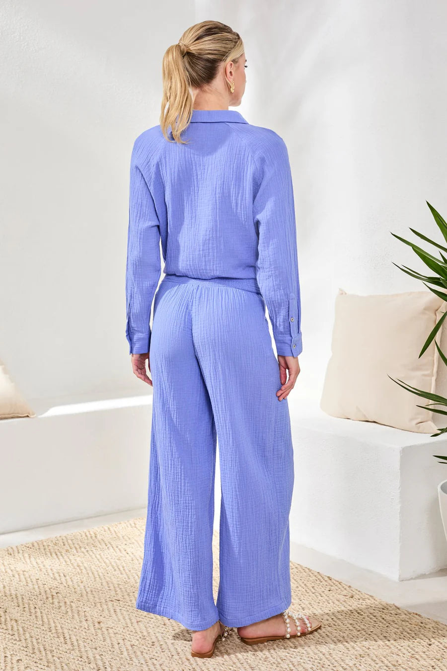 CRINKLE GAUZE ELASTIC WAIST FLOWY PANT-BAJA BLUE-TRIBAL