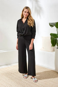 CRINKLE GAUZE ELASTIC WAIST FLOWY PANT-BLACK-TRIBAL