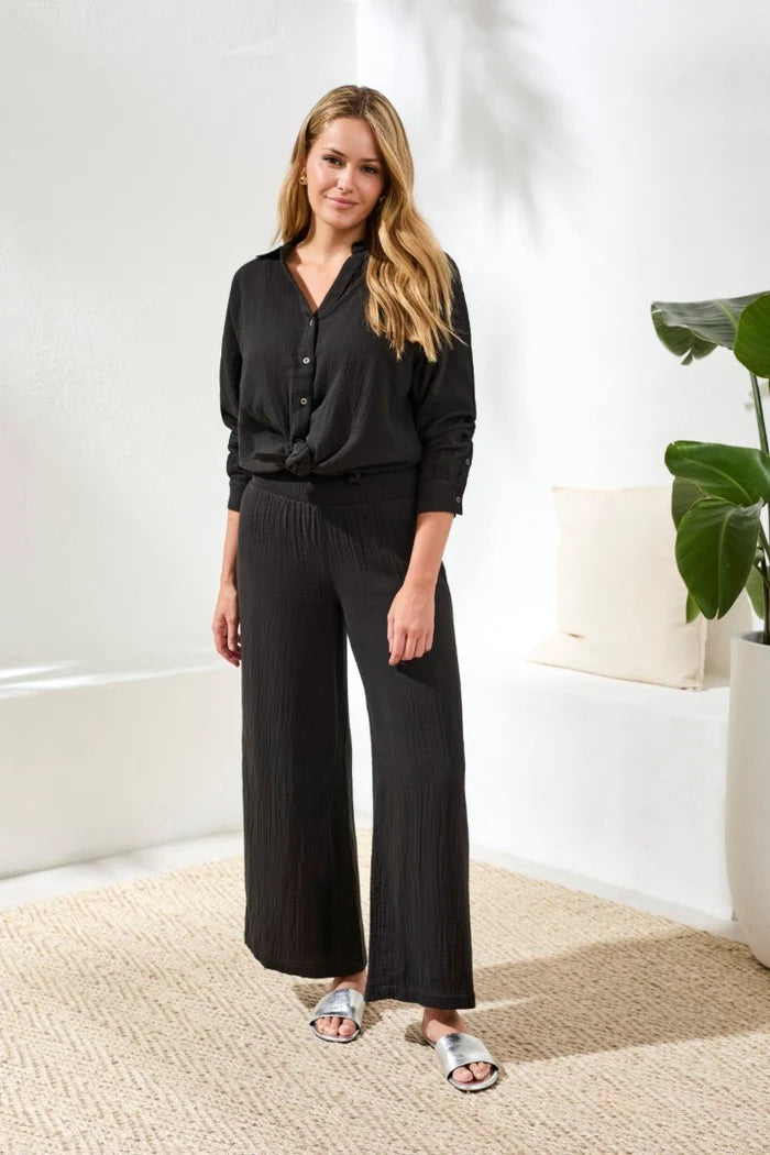 CRINKLE GAUZE ELASTIC WAIST FLOWY PANT-BLACK-TRIBAL