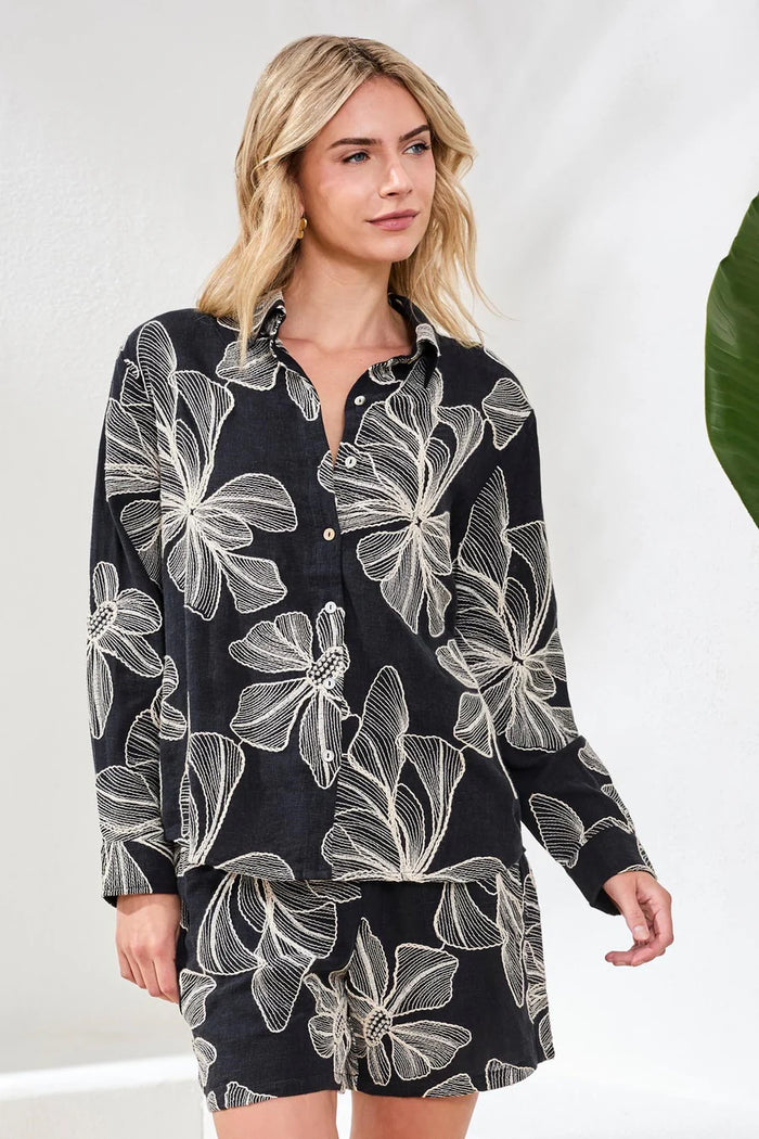 EMBROIDERED LONG SLEEVE BUTTON BLOUSE-BLACK-TRIBAL