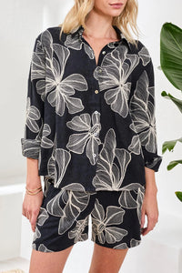 EMBROIDERED LONG SLEEVE BUTTON BLOUSE-BLACK-TRIBAL