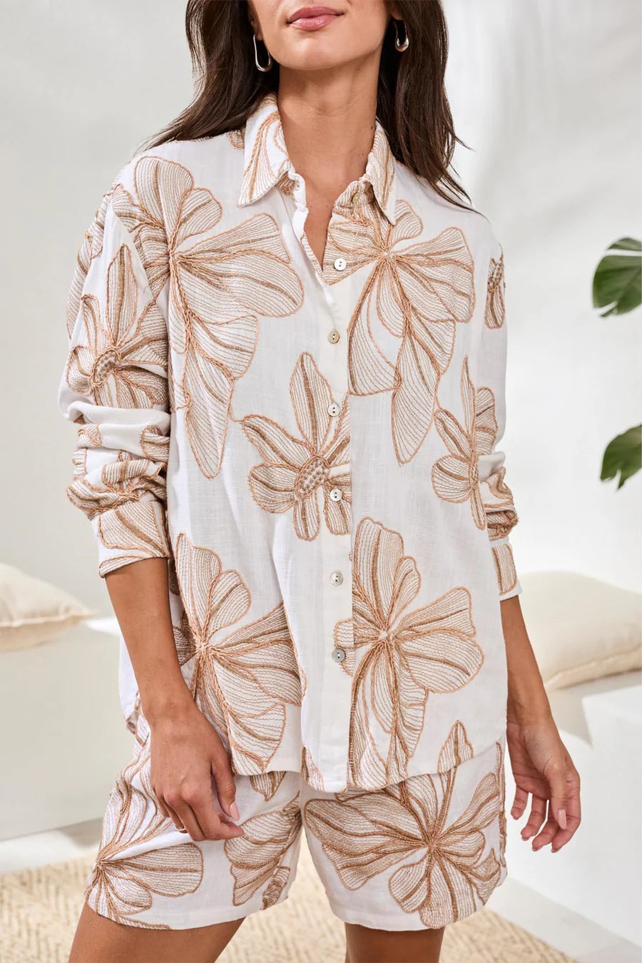 EMBROIDERED LONG SLEEVE BUTTON BLOUSE-WHITE-TRIBA