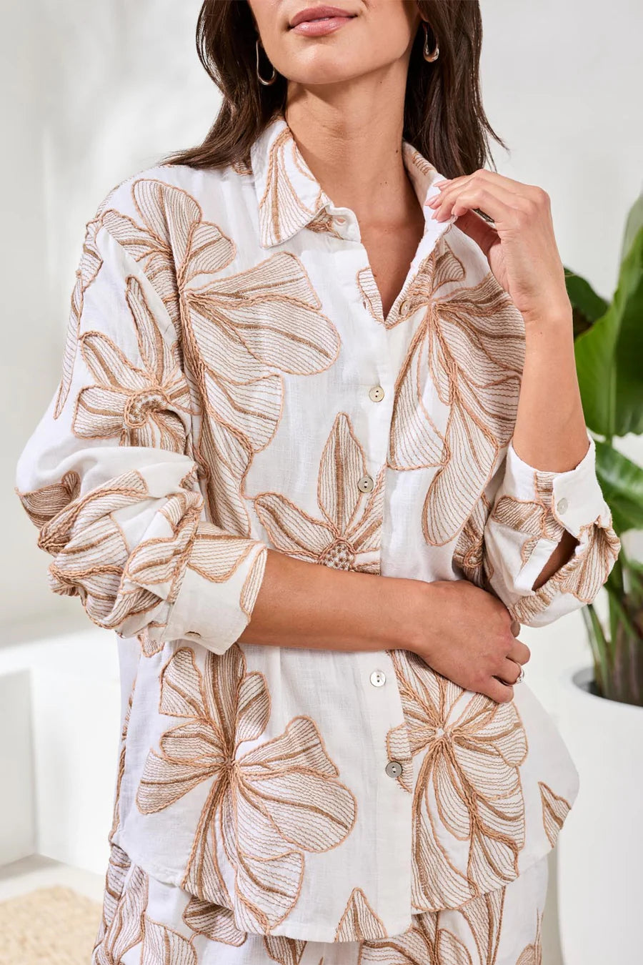 EMBROIDERED LONG SLEEVE BUTTON BLOUSE-WHITE-TRIBA