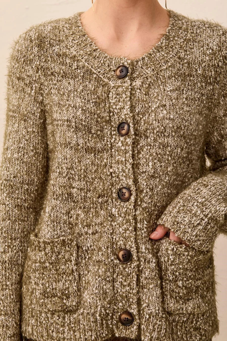 EYELASH YARN BUTTON CARDIGAN SWEATER-BASIL-TRIBAL