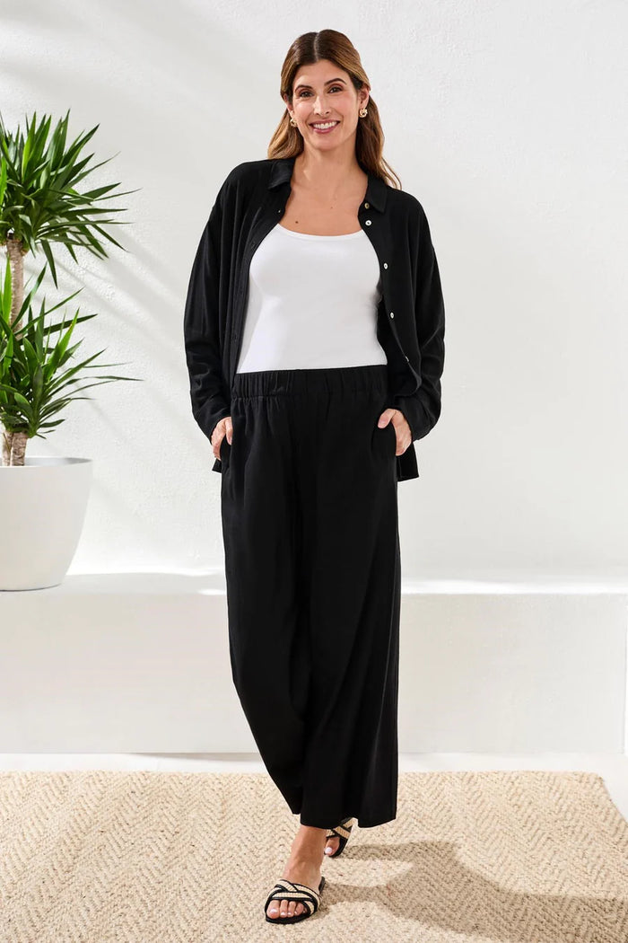 FLOWY LINEN WIDE LEG ANKLE PANT-BLACK-TRIBAL