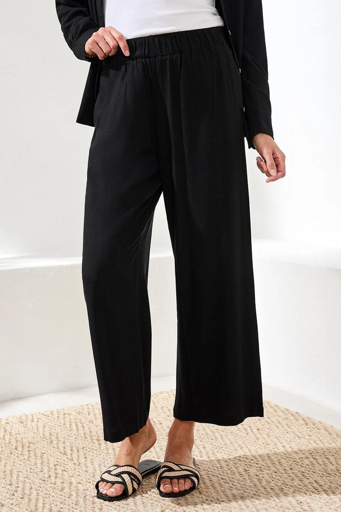 FLOWY LINEN WIDE LEG ANKLE PANT-BLACK-TRIBAL