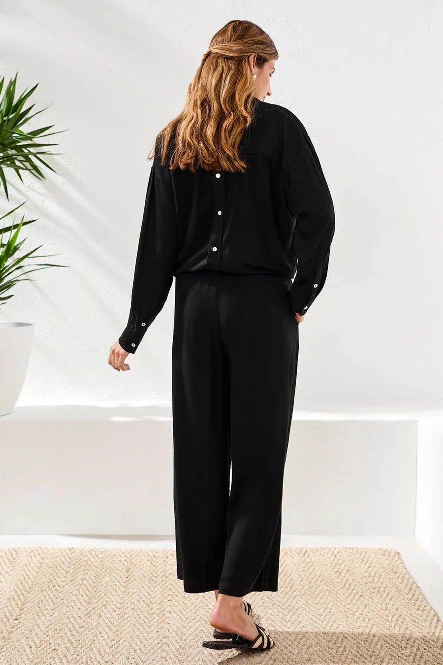 FLOWY LINEN WIDE LEG ANKLE PANT-BLACK-TRIBAL