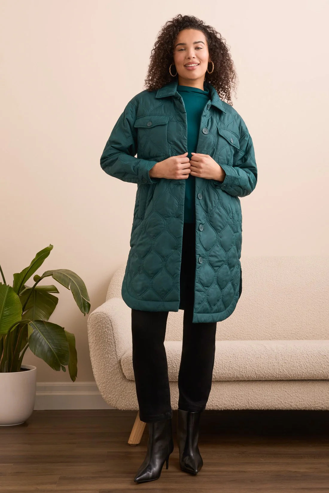 LONG QUILTED BUTTON-UP JACKET W/POCKETS-OPALGREEN-TRIBAL