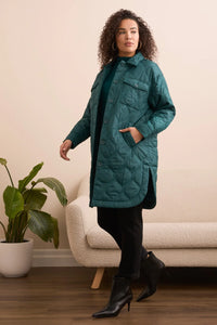 LONG QUILTED BUTTON-UP JACKET W/POCKETS-OPALGREEN-TRIBAL