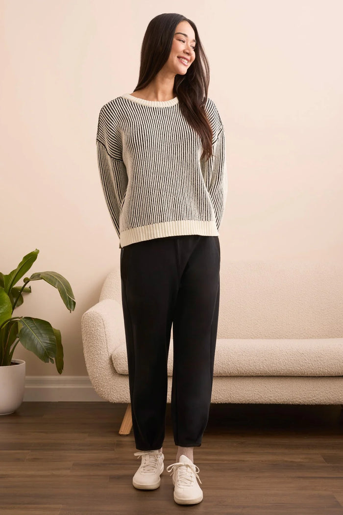 PLAITED CHENILLE RIBBED CREW SWEATER-BLACK-TRIBAL