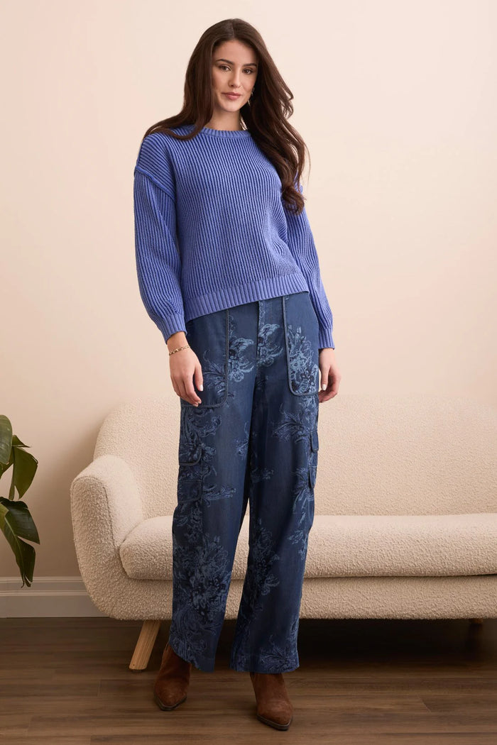 PLAITED CHENILLE RIBBED CREW SWEATER-BLUE VIOLET-TRIBAL