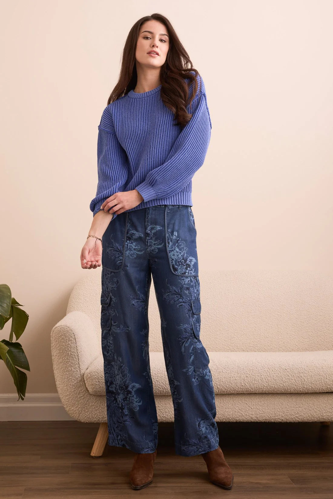 PLAITED CHENILLE RIBBED CREW SWEATER-BLUE VIOLET-TRIBAL