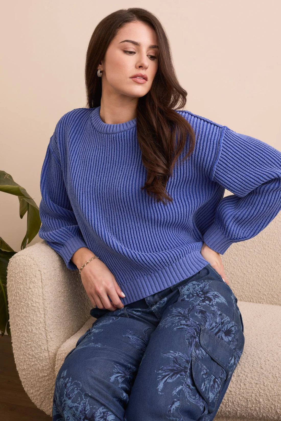 PLAITED CHENILLE RIBBED CREW SWEATER-BLUE VIOLET-TRIBAL