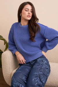 PLAITED CHENILLE RIBBED CREW SWEATER-BLUE VIOLET-TRIBAL