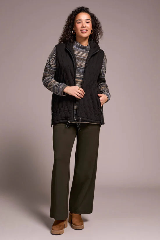 QUILTED COTTON LONG HOODED VEST-BLACK-TRIBAL