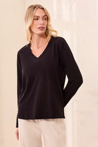 SLUB KNIT LONG SLEEVE V-NECK TEE-BLACK-TRIBAL