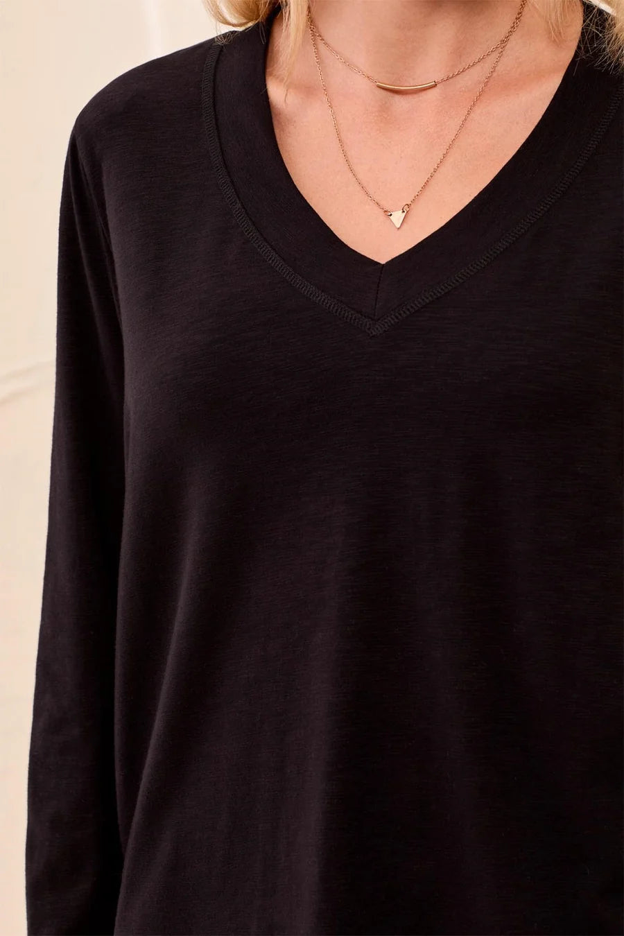 SLUB KNIT LONG SLEEVE V-NECK TEE-BLACK-TRIBAL