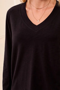 SLUB KNIT LONG SLEEVE V-NECK TEE-BLACK-TRIBAL