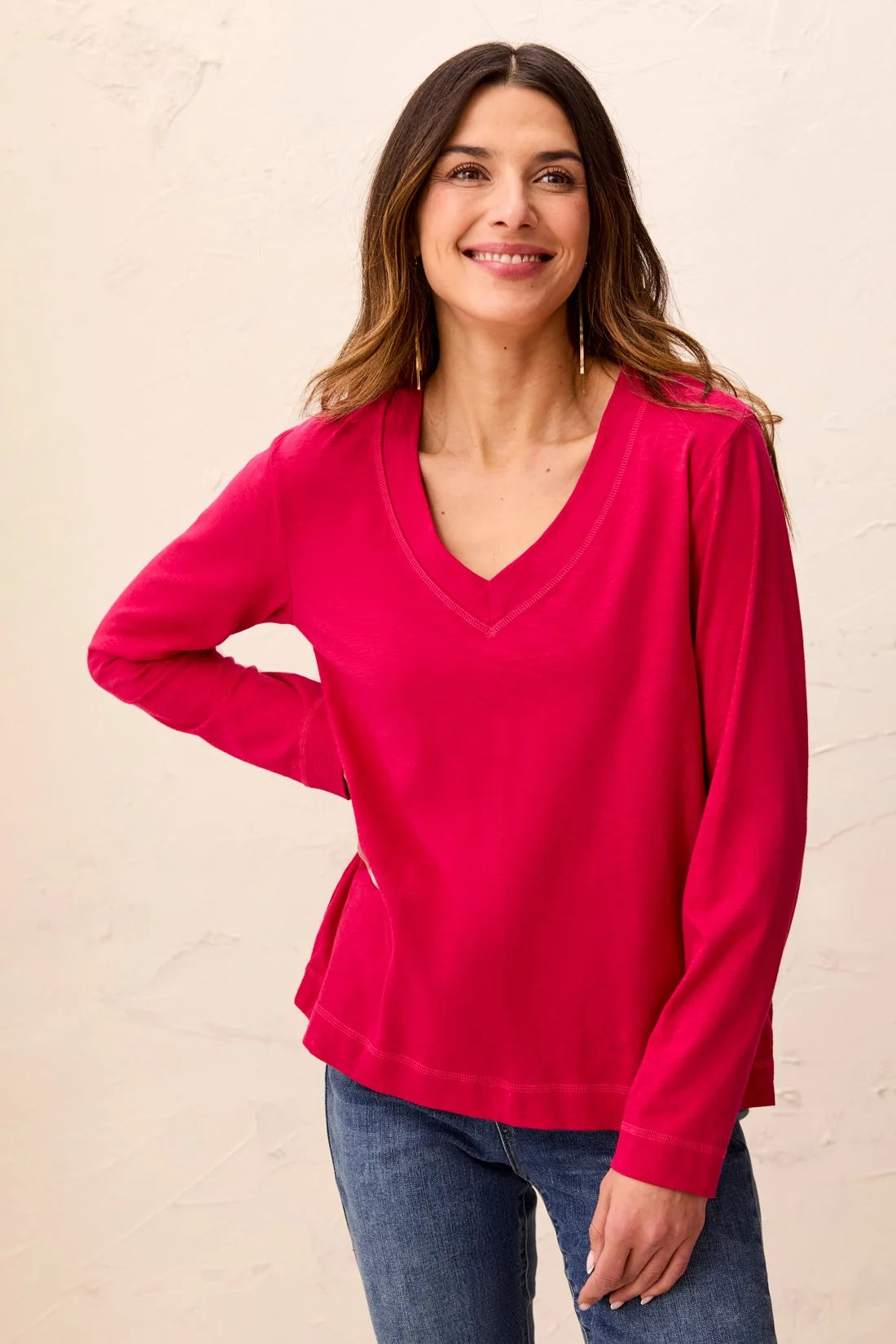 SLUB KNIT LONG SLEEVE V-NECK TEE-JAZZY-TRIBAL