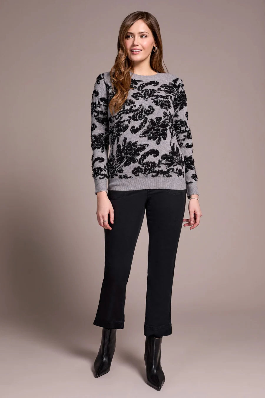 SOFT BOUCLE JACQUARD LONG SLEEVE SWEATER-TRIBAL