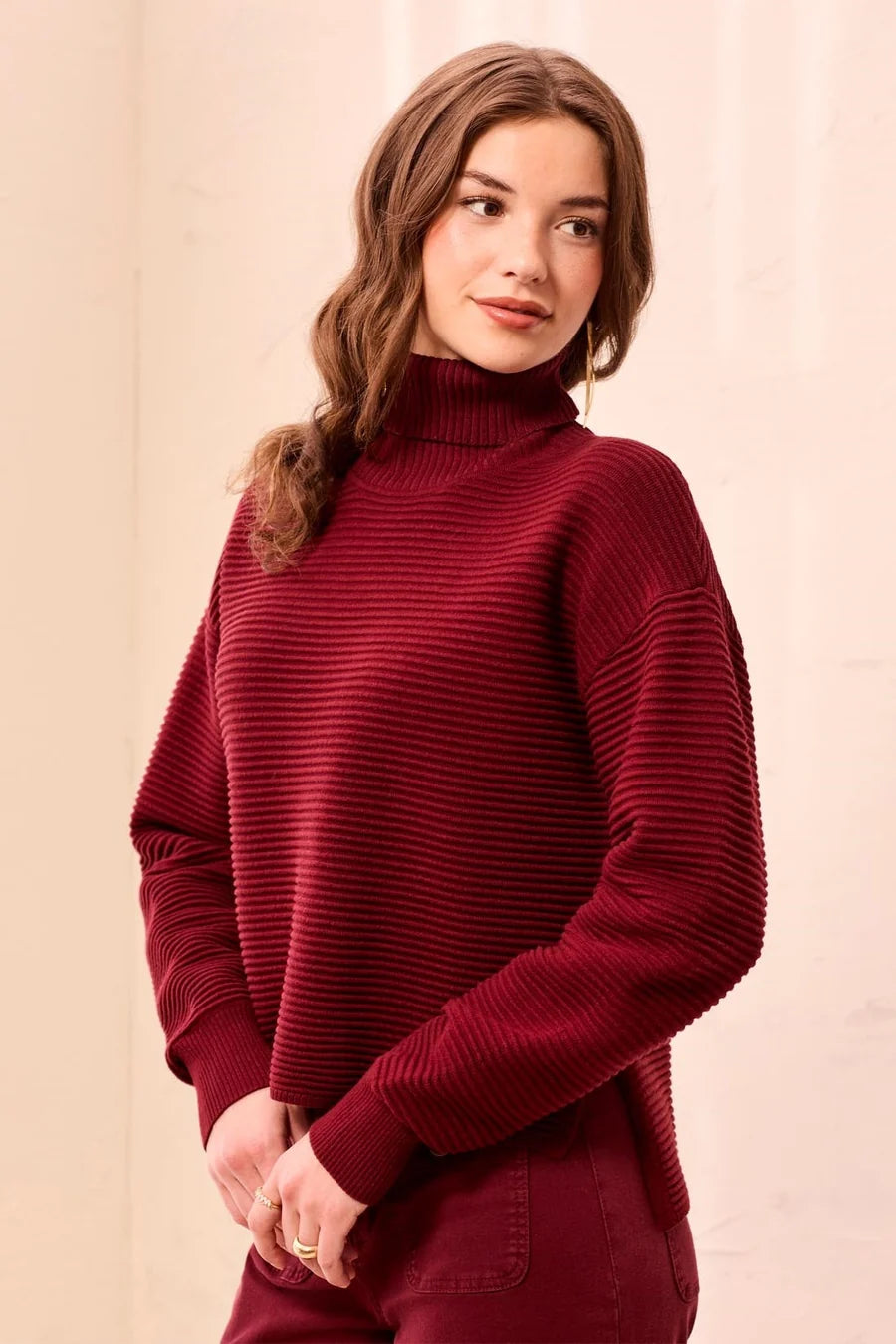 TEXTURED RIB MOCK NECK DROP SHOULDER SWEATER-CHERRYLACQUER-TRIBAL