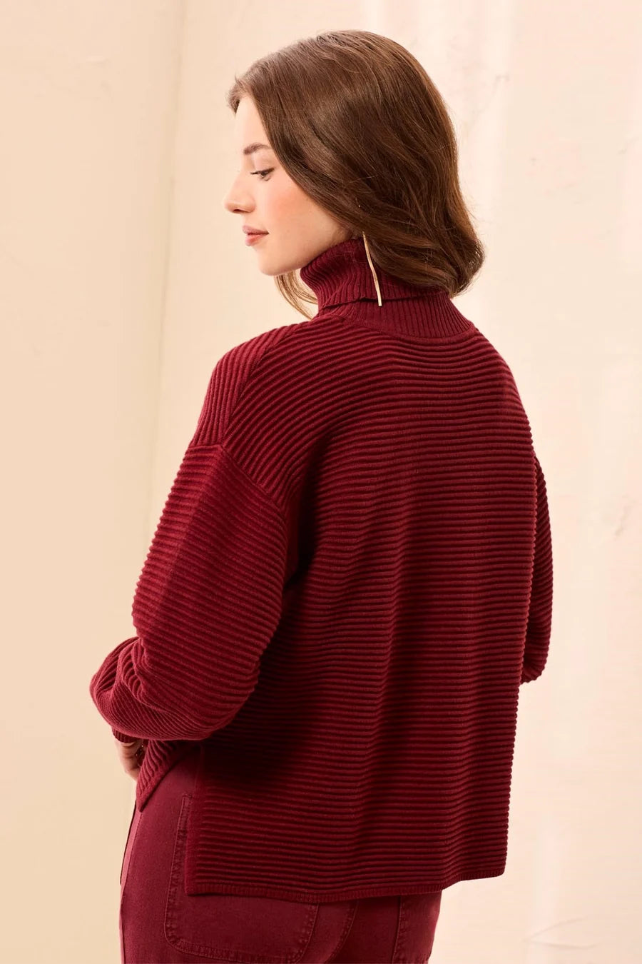 TEXTURED RIB MOCK NECK DROP SHOULDER SWEATER-CHERRYLACQUER-TRIBAL