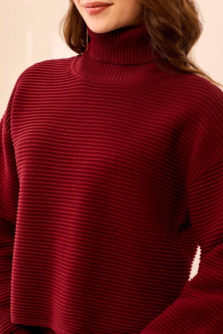 TEXTURED RIB MOCK NECK DROP SHOULDER SWEATER-CHERRYLACQUER-TRIBAL
