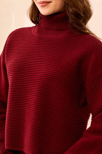TEXTURED RIB MOCK NECK DROP SHOULDER SWEATER-CHERRYLACQUER-TRIBAL