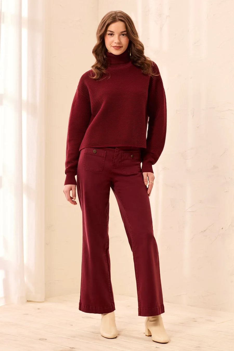 TEXTURED RIB MOCK NECK DROP SHOULDER SWEATER-CHERRYLACQUER-TRIBAL