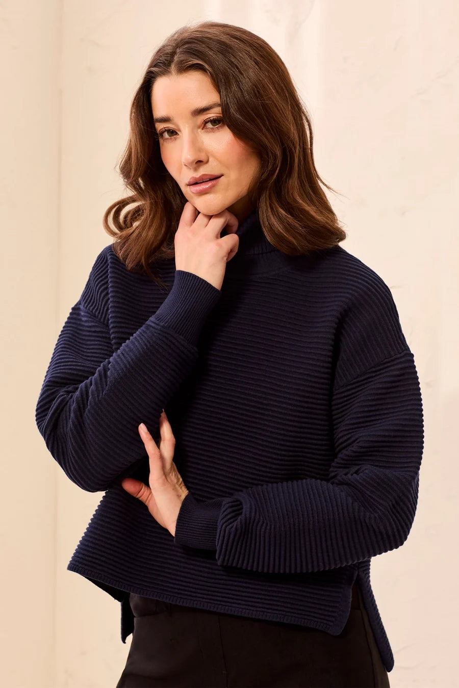 TEXTURED RIB MOCK NECK DROP SHOULDER SWEATER-NIGHTFALL-TRIBAL
