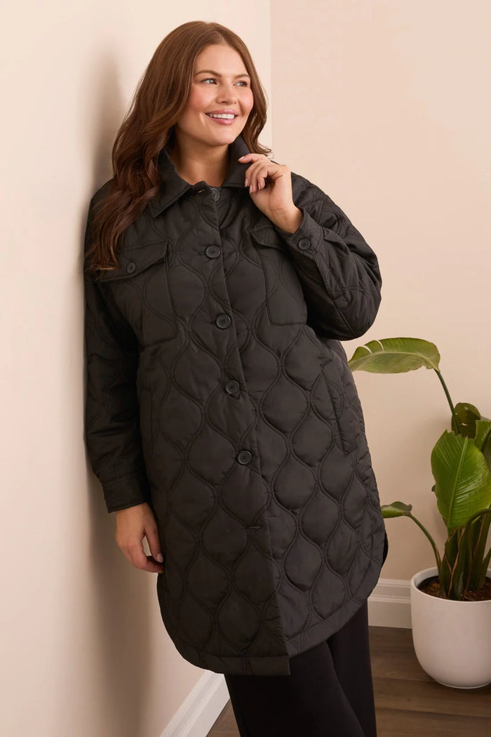 LONG QUILTED BUTTON-UP JACKET W/POCKETS-BLACK-TRIBAL