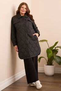 LONG QUILTED BUTTON-UP JACKET W/POCKETS-BLACK-TRIBAL