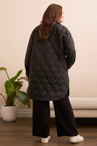LONG QUILTED BUTTON-UP JACKET W/POCKETS-BLACK-TRIBAL