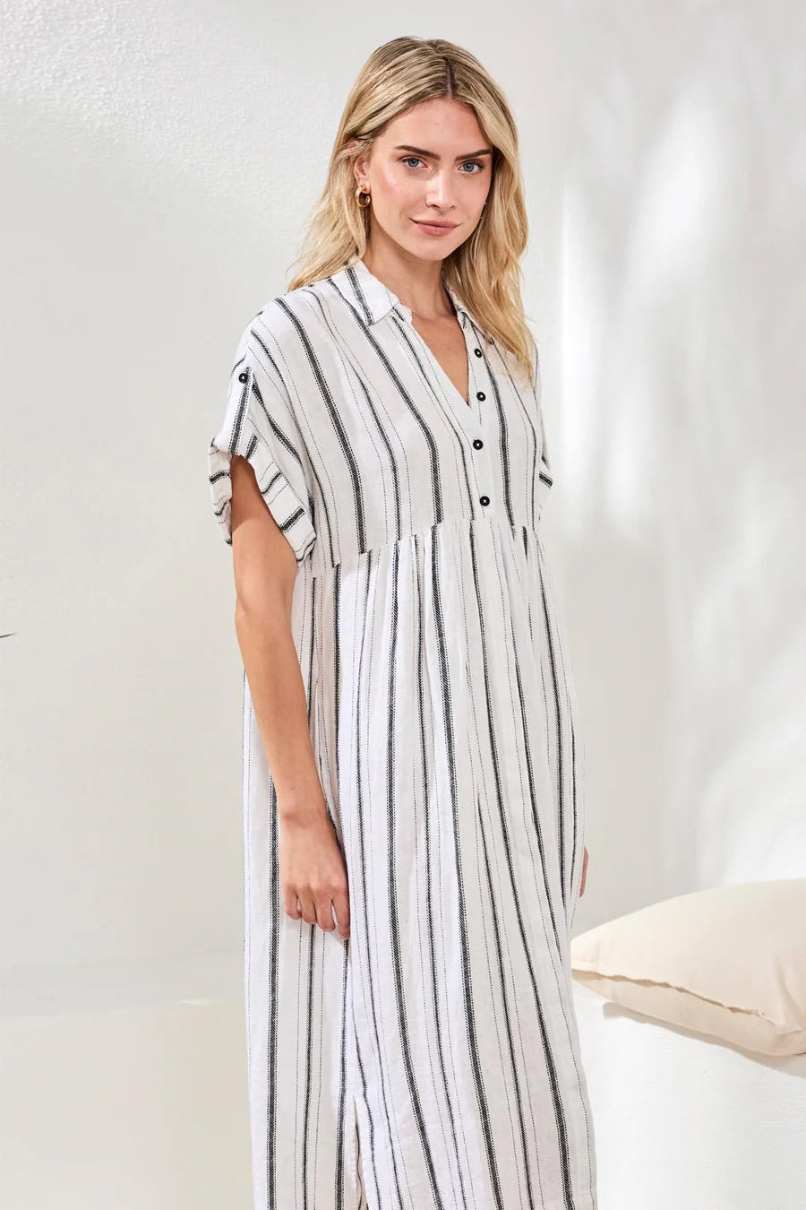 SOFT LINEN BUTTON FRONT MIDI DRESS-TRIBAL