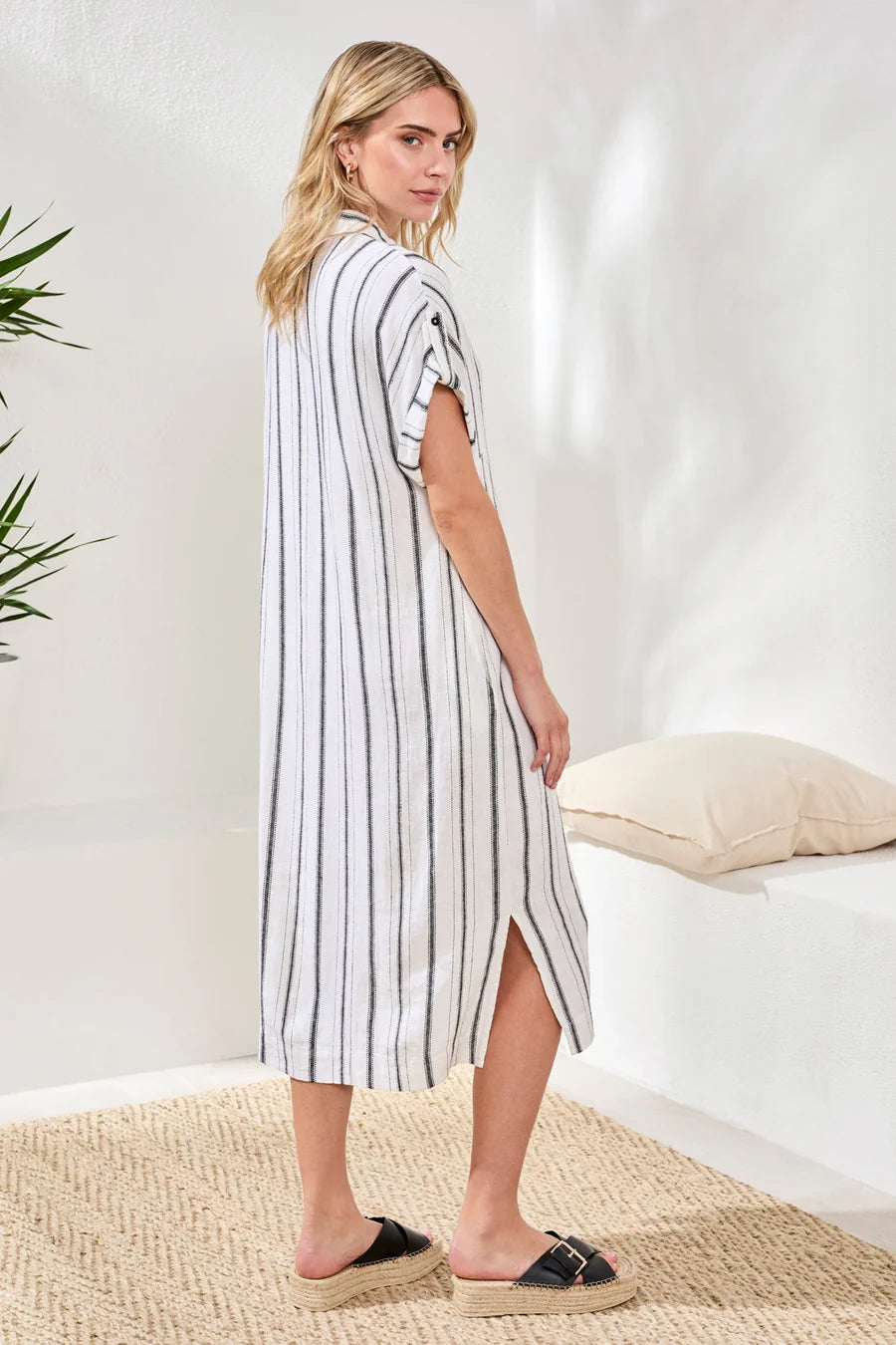 SOFT LINEN BUTTON FRONT MIDI DRESS-TRIBAL
