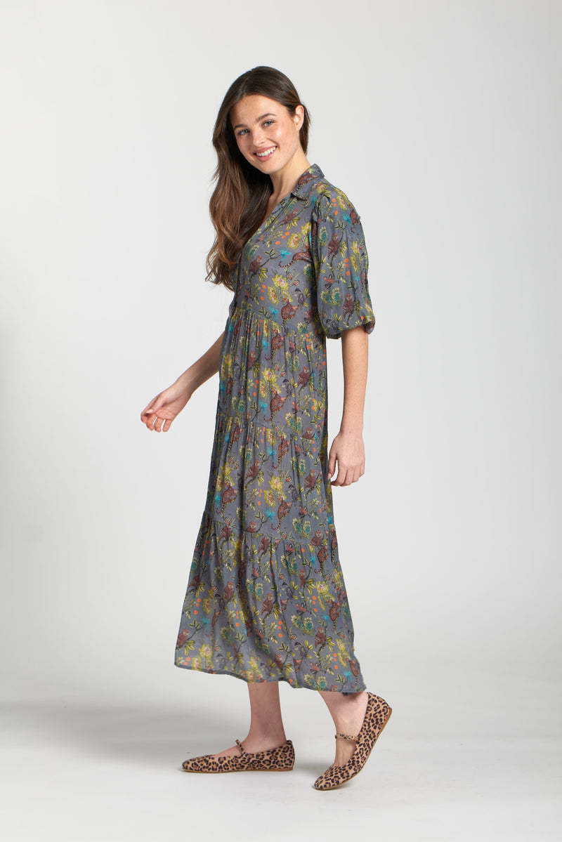 JUNGLE GREY PRINT LONG TIER DRESS-APNY
