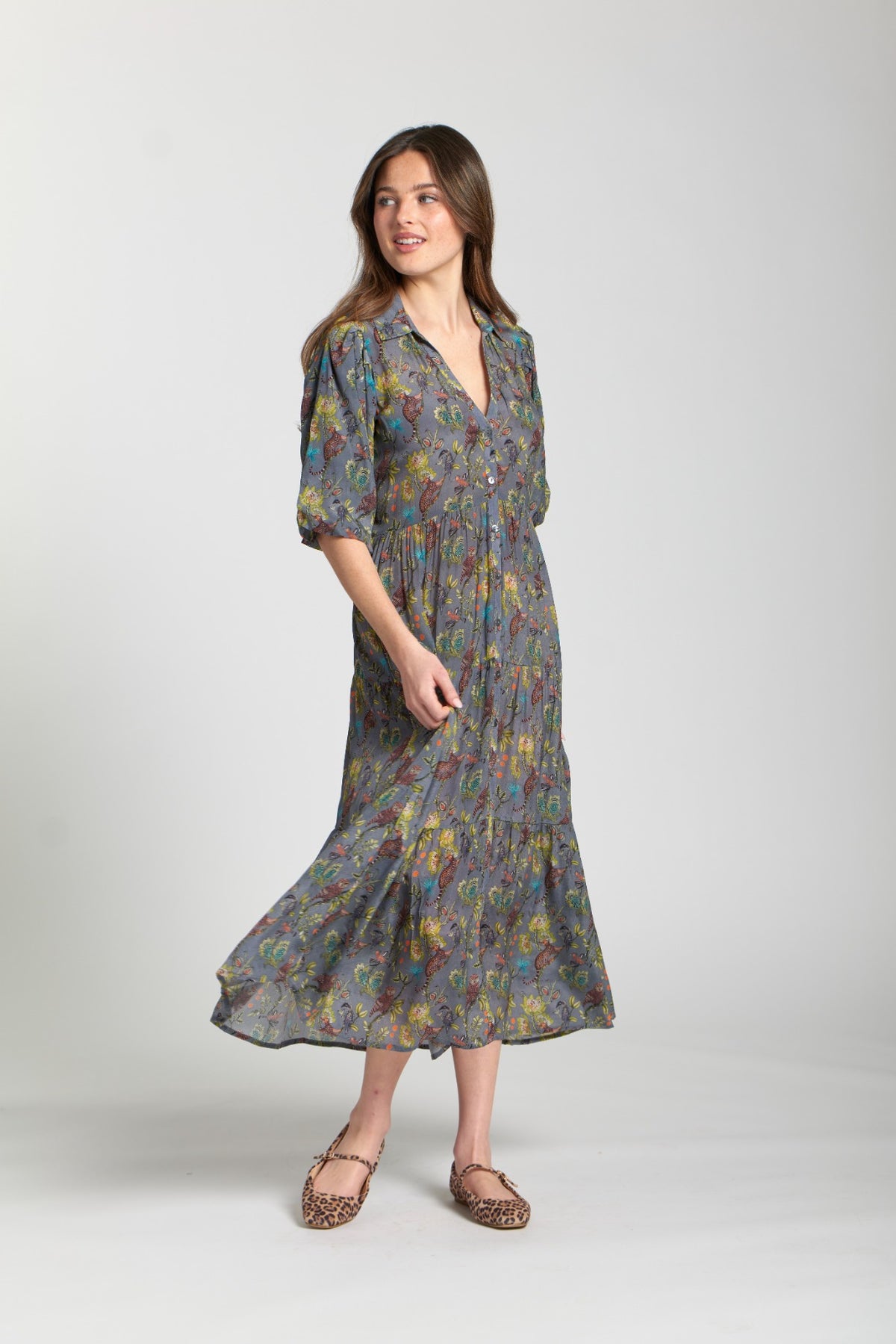 JUNGLE GREY PRINT LONG TIER DRESS-APNY