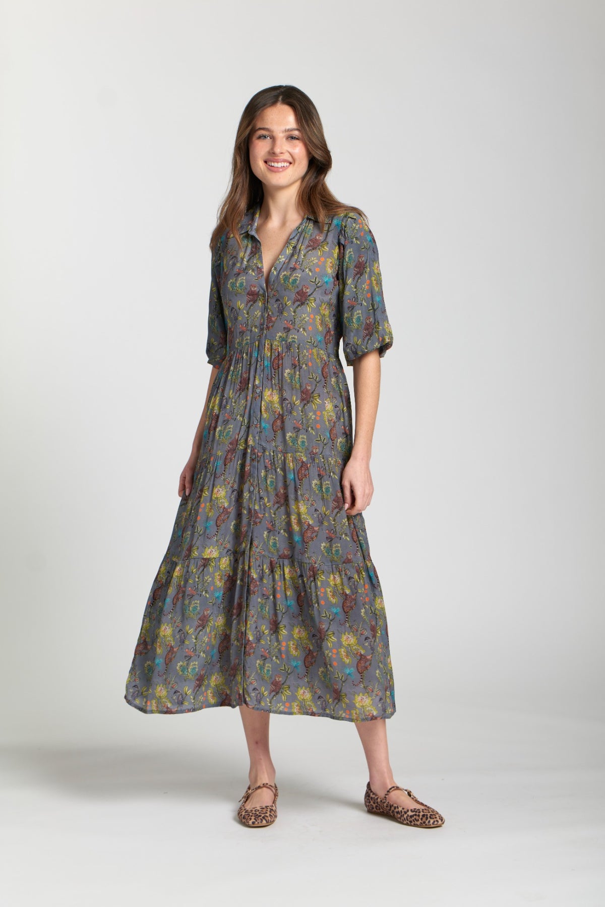 JUNGLE GREY PRINT LONG TIER DRESS-APNY