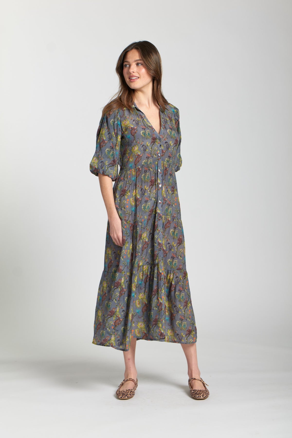 JUNGLE GREY PRINT LONG TIER DRESS-APNY